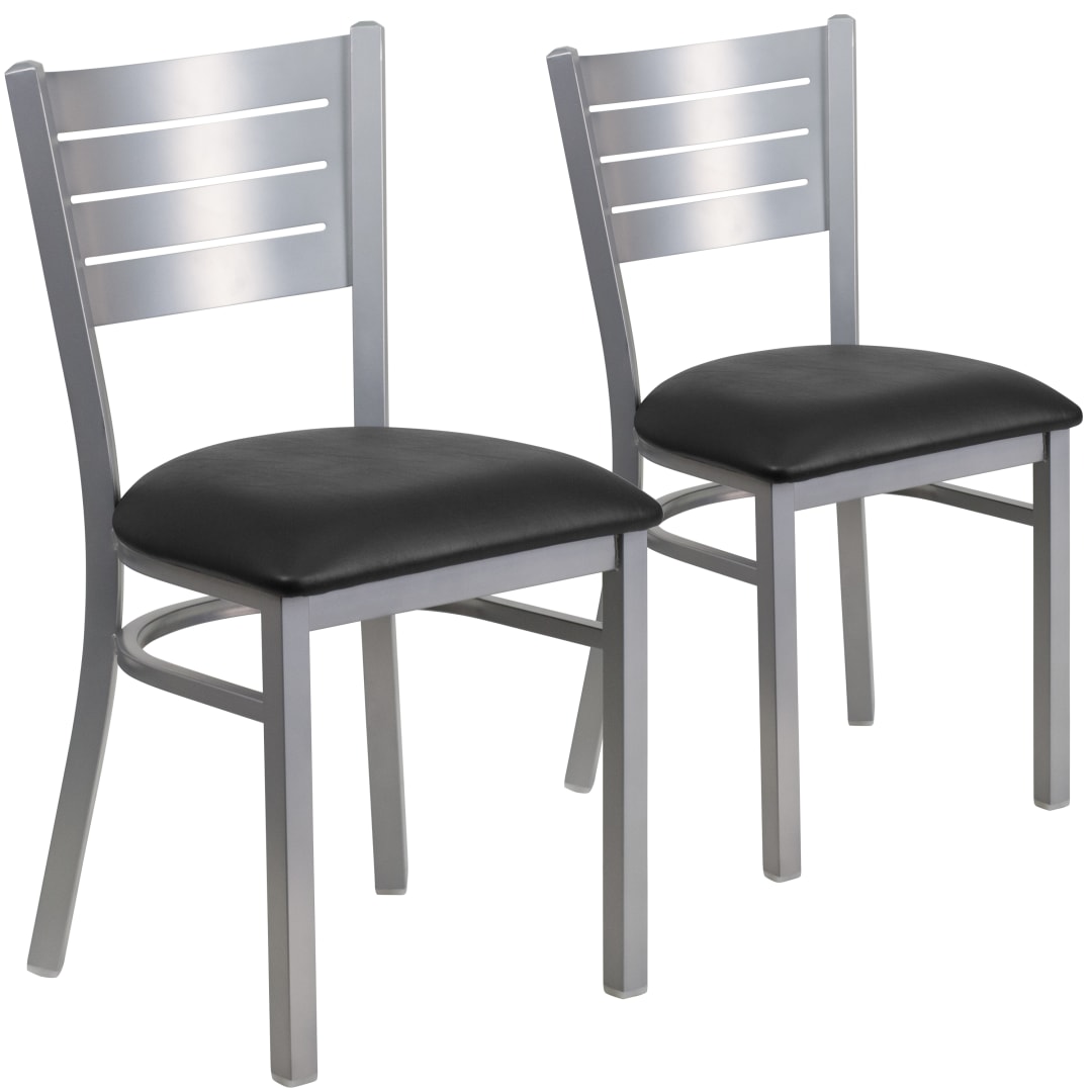2 Pack HERCULES Series Silver Slat Back Metal Restaurant Chair - Black Vinyl Seat