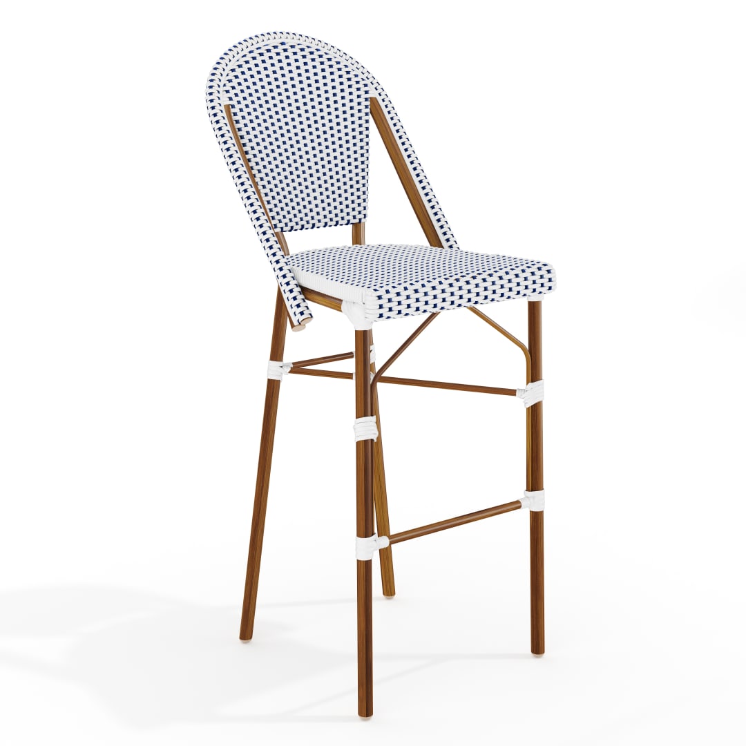 Lily Pond Indoor-Outdoor Stackable Bistro Bar Stool with Natural Woodgrain Aluminum Finish Frame and White/Navy Woven Rattan Back and Seat
