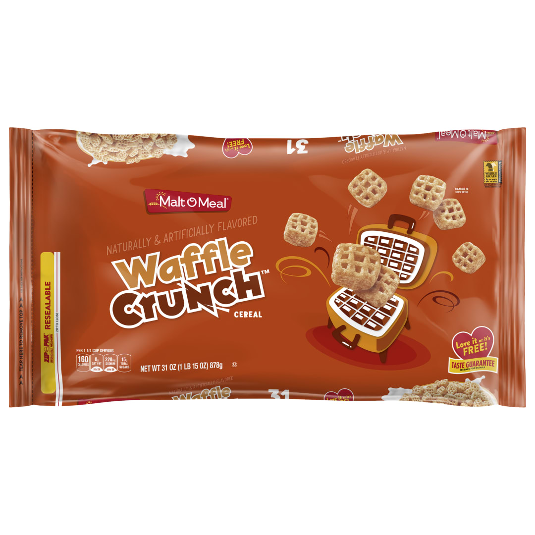 Malt-O-Meal Waffle Crunch Breakfast Cereal, Mini Waffle Shaped Pieces, Sweet Waffle Flavor, 31 oz