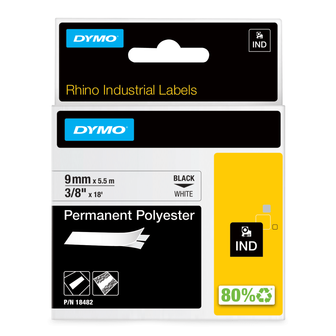 RHINO 3/8" WHITE PERM POLY LABEL- 9MM