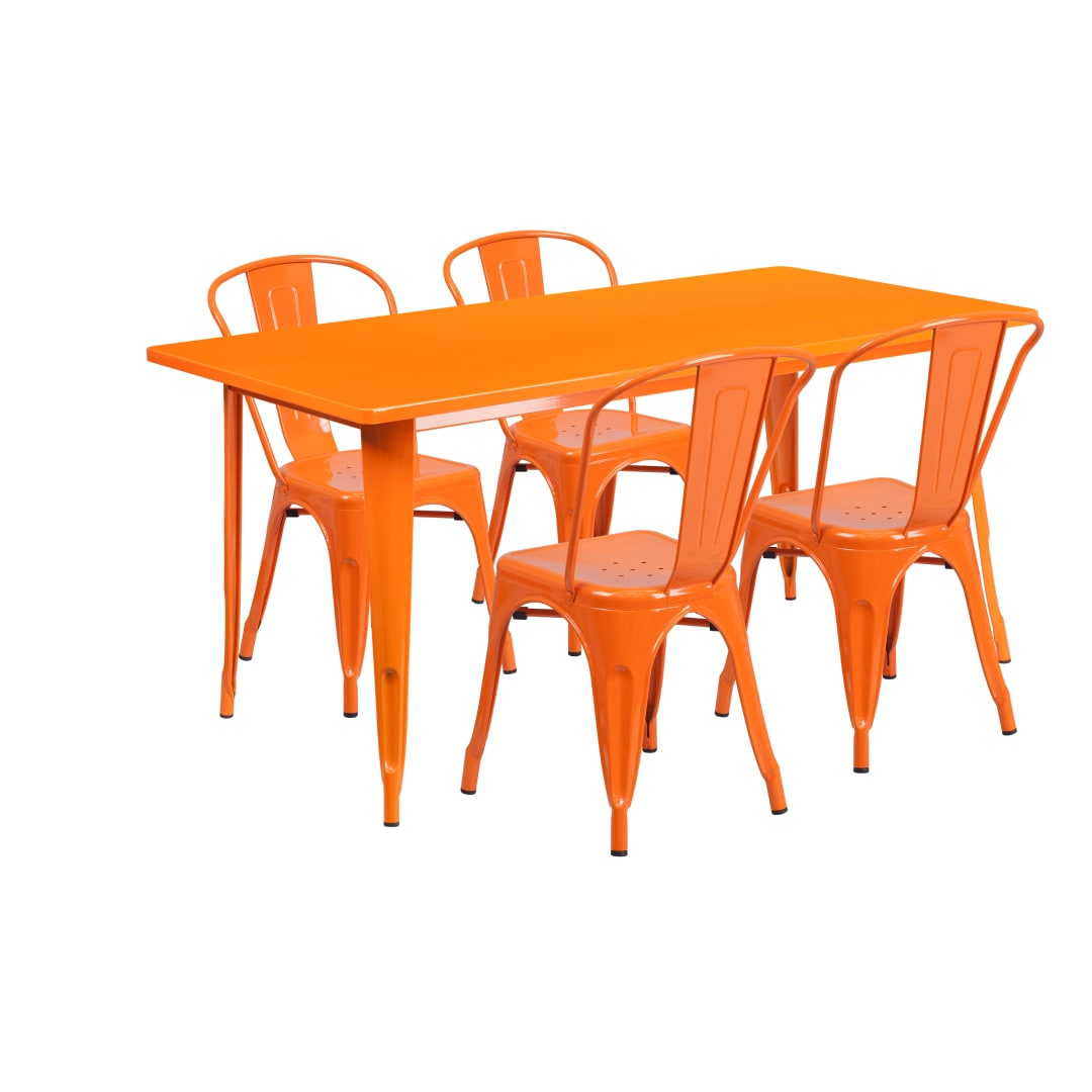 Darcy Commercial Grade 31.5" x 63" Rectangular Orange Metal Indoor-Outdoor Table Set with 4 Stack Chairs