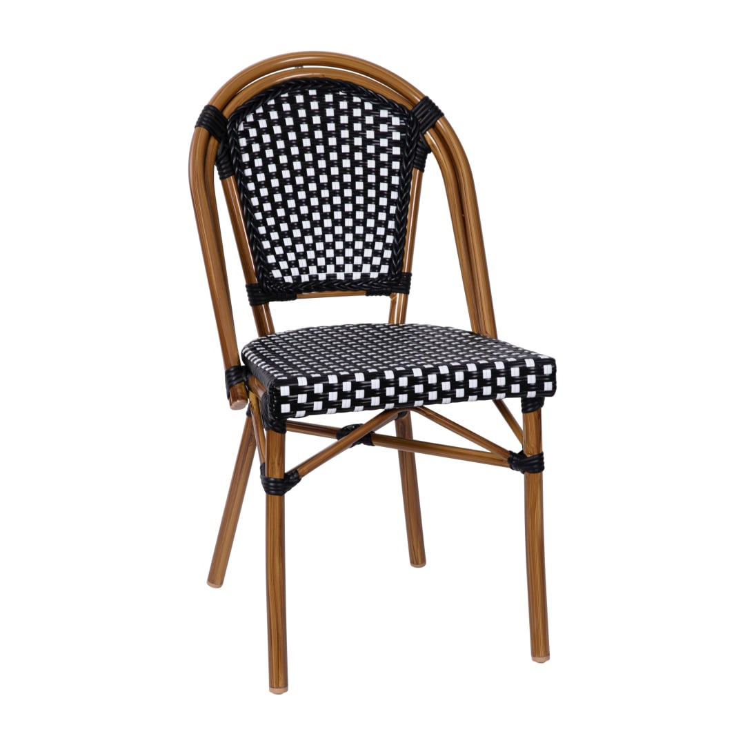 Bordeaux Indoor/Outdoor Commercial Bistro Stacking Chair, Black and White PE Rattan Back and Seat, Bamboo Print Aluminum Frame in Natural