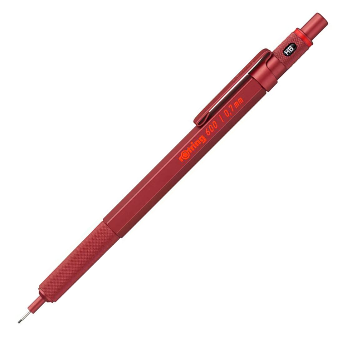 rOtring 600 Portaminas | 0,7 mm | Cuerpo metálico rojo Lápiz propulsor | Agarre moleteado antideslizante y cuerpo hexagonal