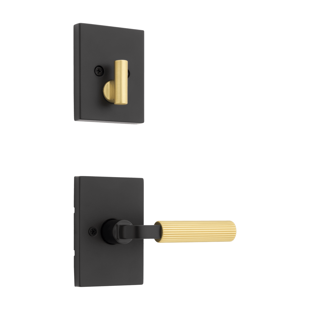 Mirada Reeded Single Cylinder Interior Pack Lever w/ Rectangular Rose in Matte Black & Satin Brass