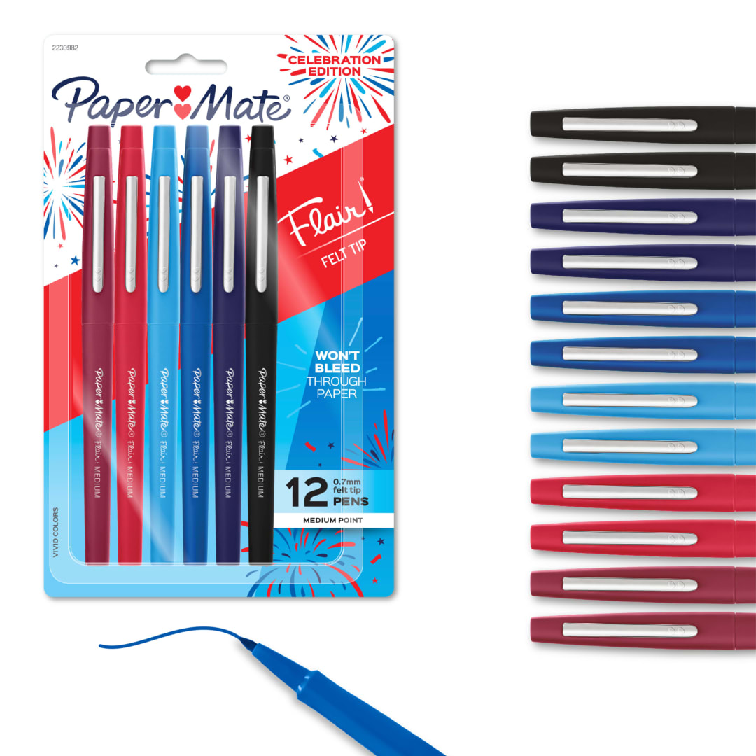Paper Mate Flair Felt Tip Pens, Medium Point (0.7mm), Assorted Colors, 12 Count, USA 250th Anniversary Edition