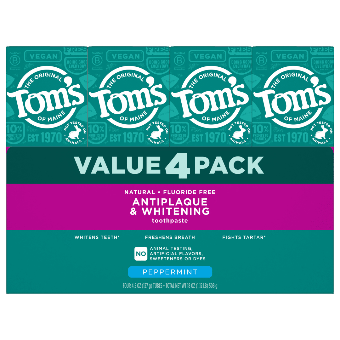 Tom’s of Maine Antiplaque and Whitening Fluoride Free Mint Toothpaste, 4 Pack, 4.5 oz