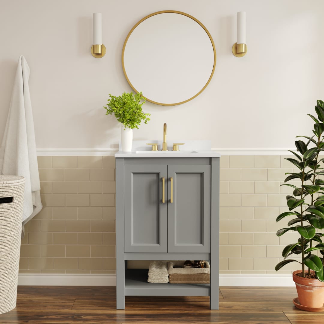 Vega 24" Bathroom Vanity with Sink, Storage Cabinet with Soft Close Doors &amp; Open Shelf, Carrara Marble Finish Counter &amp; Gold Hardware, Gray/White