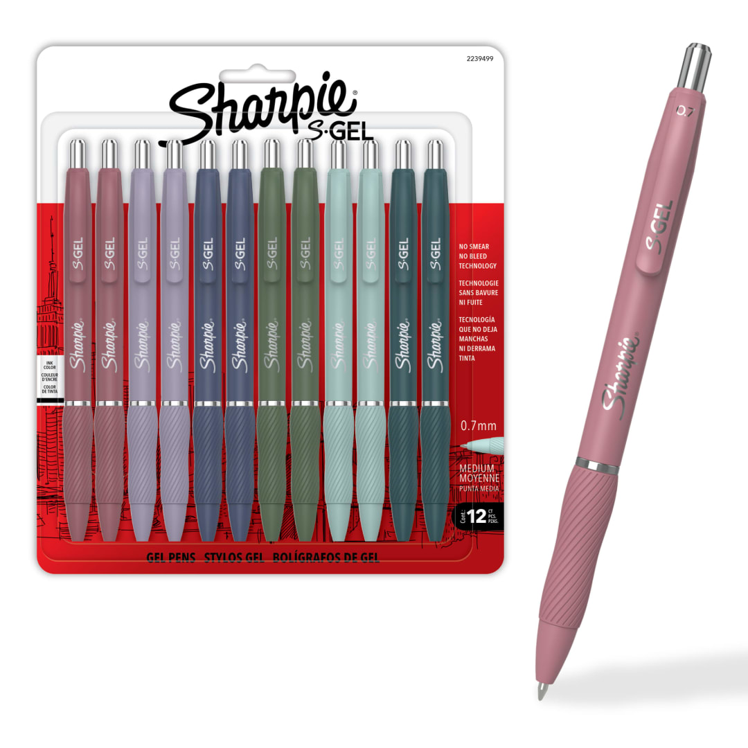 Sharpie S-Gel, Gel Pens, Medium Point (0.7mm), Assorted Fashion Barrels, Black Ink, 12 Count