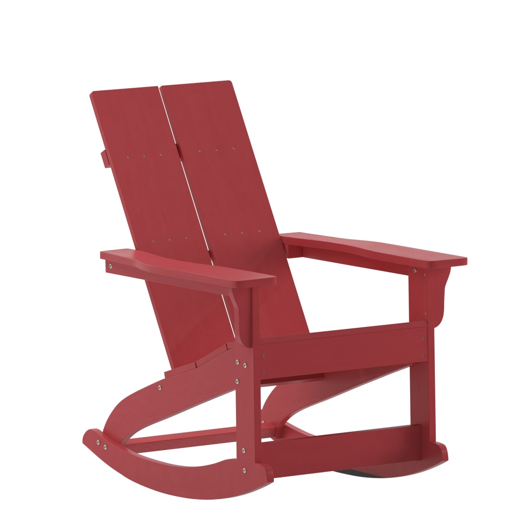 Finn Modern Commercial Grade Poly Resin Wood Adirondack Rocking Chair - All Weather Red Polystyrene - Dual Slat Back - Stainless Steel Hardware