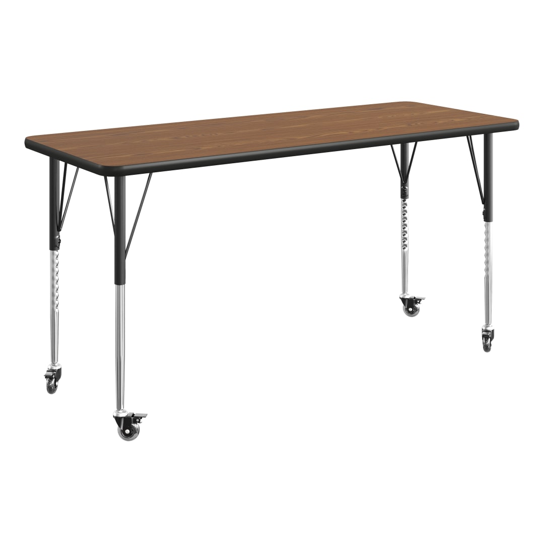 Wren 60" x 24" Adjustable Height Activity Table, Thermal Laminate Top, Silver Standard Legs with Locking Casters, Oak