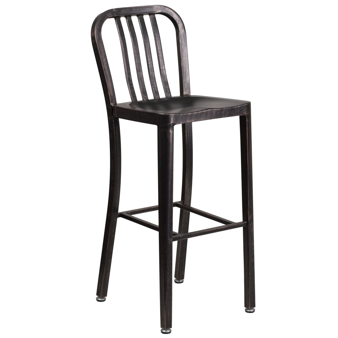 Gael Commercial Grade 30" High Black-Antique Gold Metal Indoor-Outdoor Barstool with Vertical Slat Back
