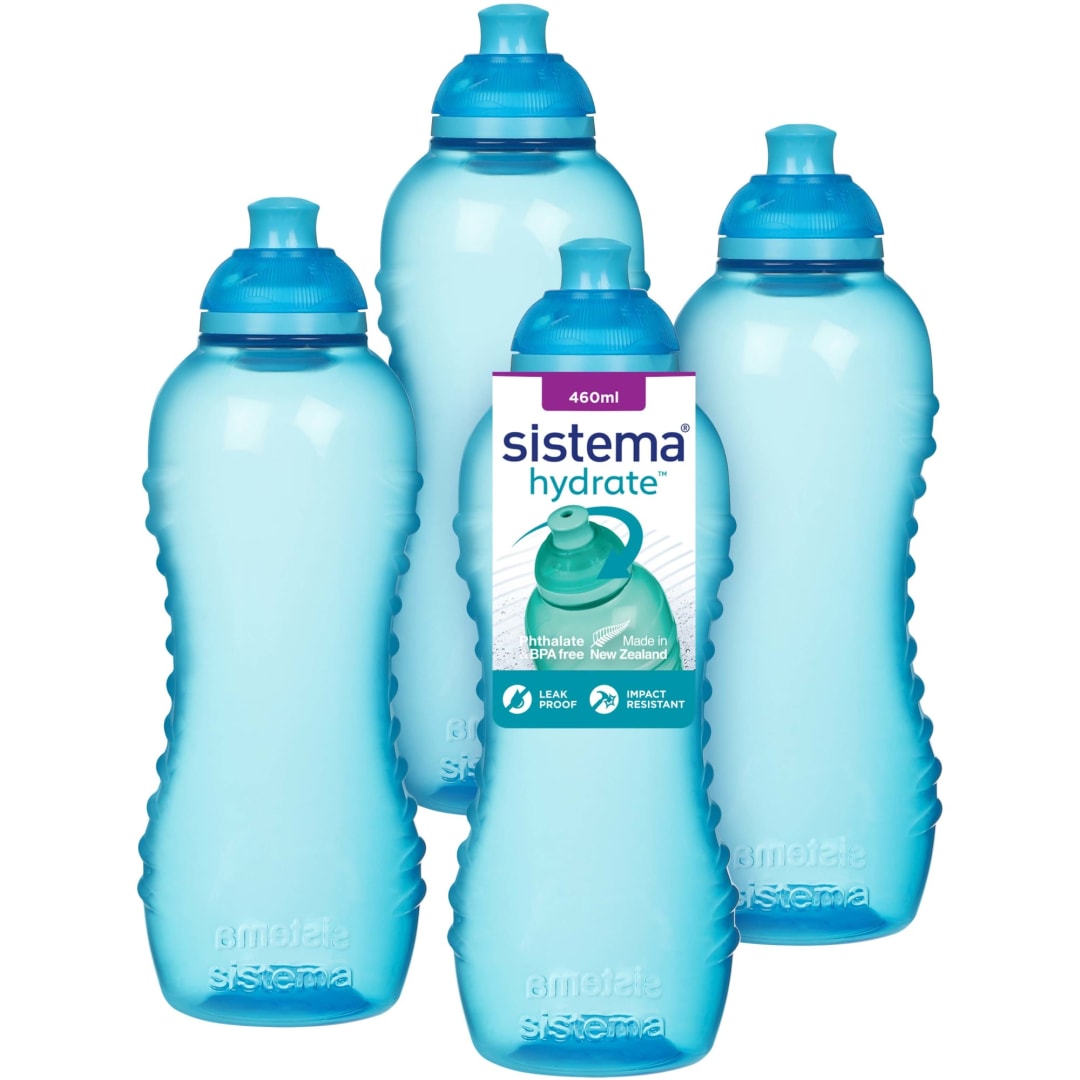 Sistema Twist 'n' Sip Squeeze Sports Water Bottles | Leakproof Water Bottles | 460 ml | BPA-Free | Blue | 4 Count
