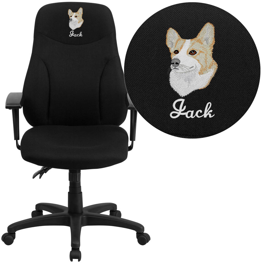 Hughes Embroidered High Back Black Fabric Multifunction Swivel Ergonomic Task Office Chair with Adjustable Arms