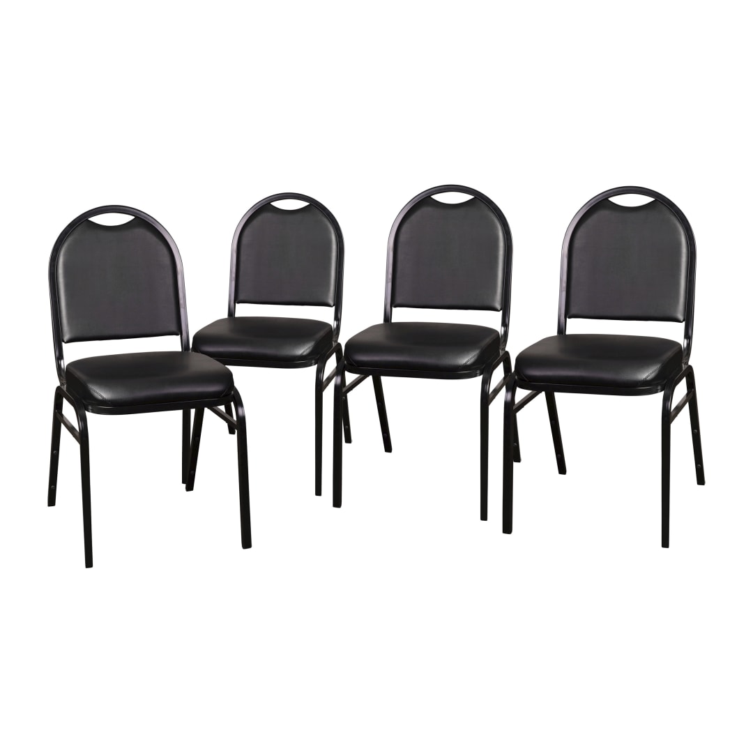 HERCULES Series Set of 4 Commercial Grade 500 LB. Capacity Dome Back Stacking Banquet Chairs in Black Vinyl with Black Metal Frames