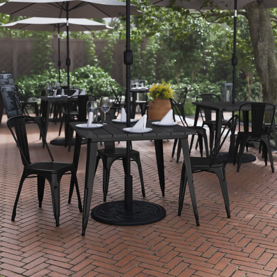 Declan Commercial Indoor/Outdoor Dining Table with Umbrella Hole, 36" Square All Weather Black Poly Resin Top and Black Steel Base