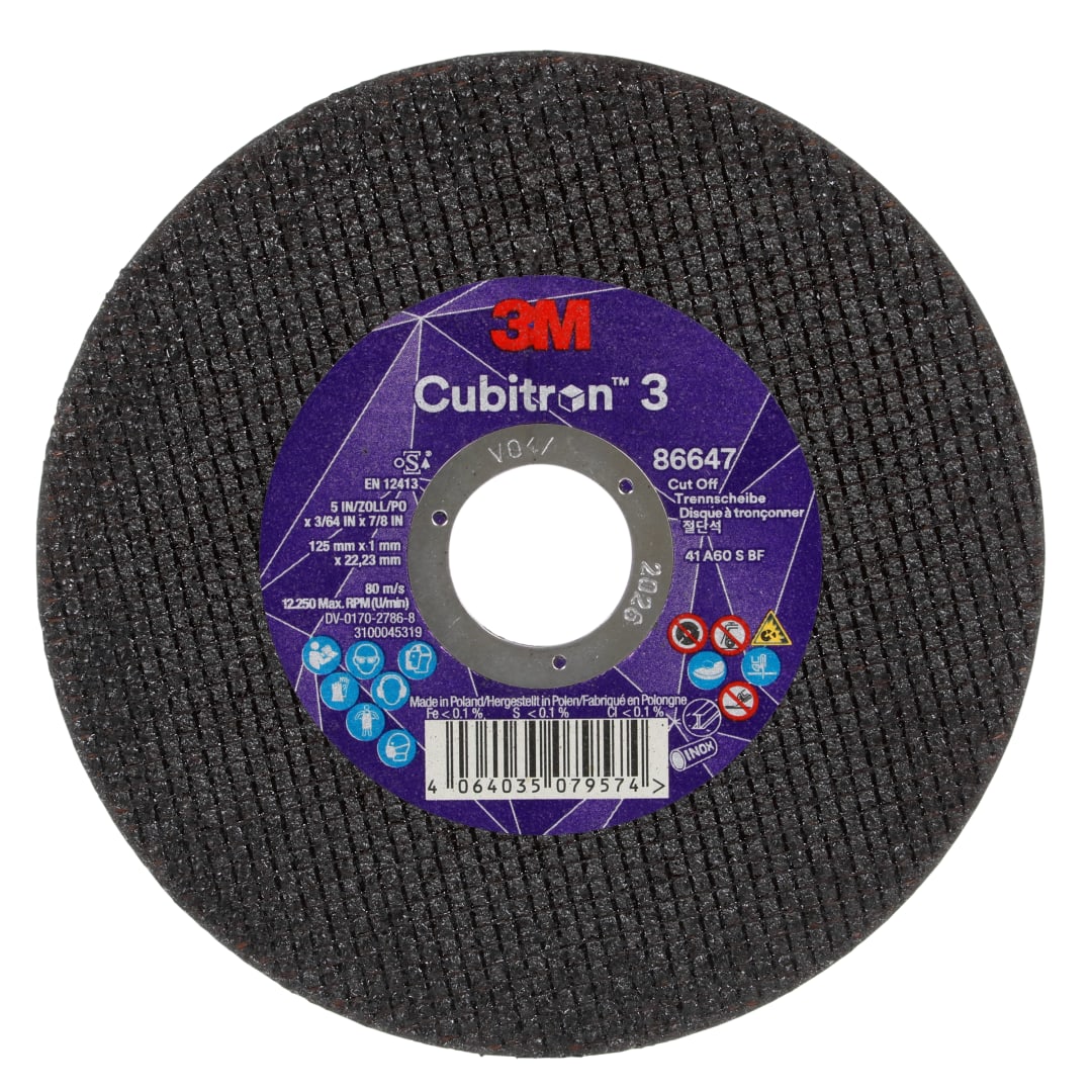 3M™ Cubitron™ 3 Kesme Taşı, 86647, 60+, T41, 125 mm x 1 mm x 22,23 mm, EN, 25/Paket, 50 adet/Kutu