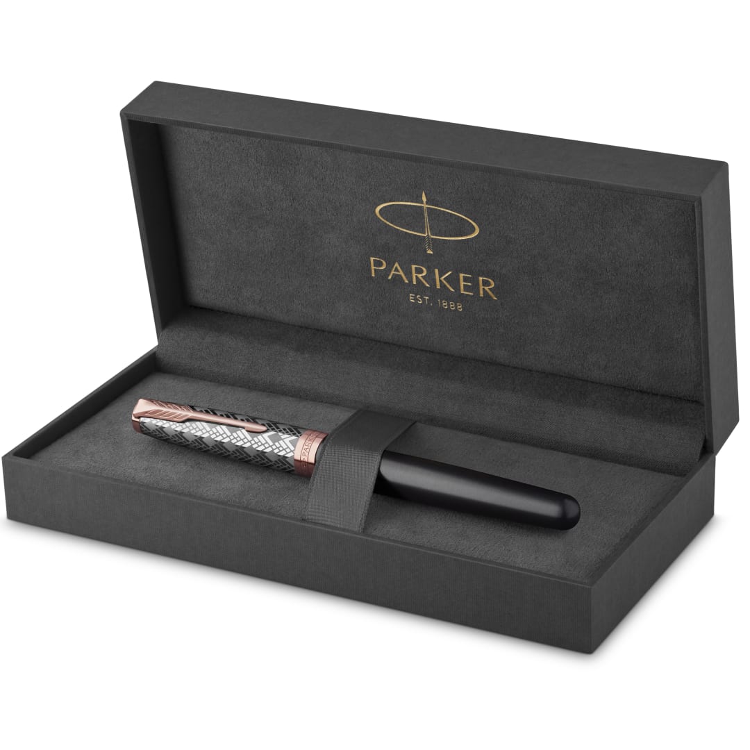 Parker Sonnet Pluma Estilográfica | Premium metal y lacado gris con acabado chapado en oro rosa | Plumín fino de oro de 18 quilates con cartucho de tinta negra | Caja de regalo