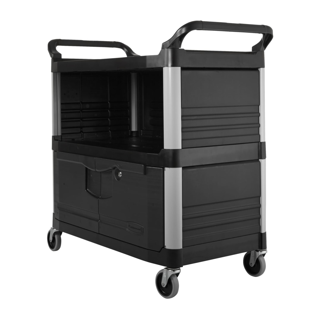 Service Cart with Lockable Doors, Enclosed on 3 Sides, Black
