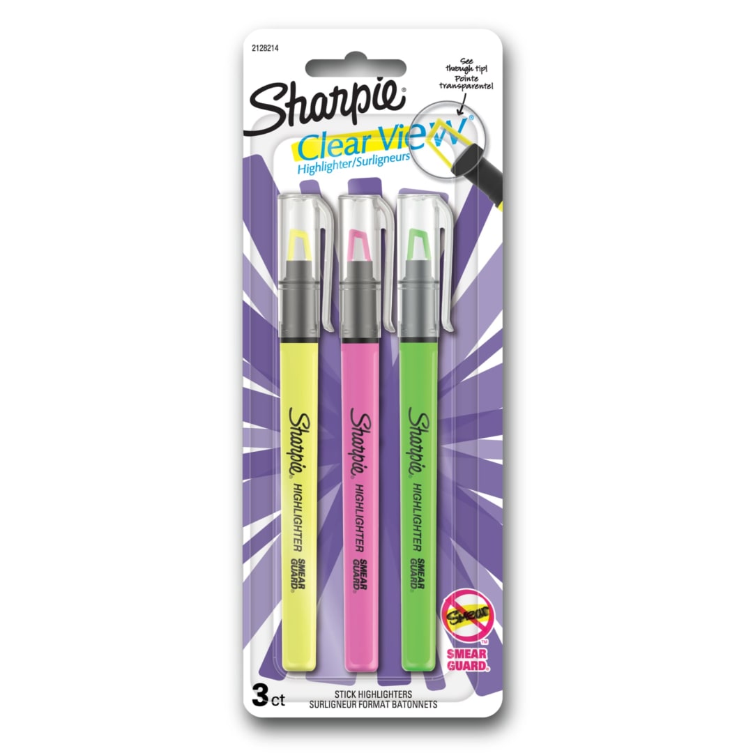 Sharpie® Highlighter, Clear View Highlighter with See-Through Chisel Tip, Stick Highlighter, Assorted, 3 Count