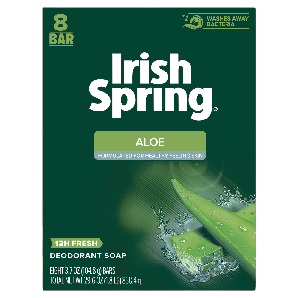 Irish Spring Aloe Vera Bar Soap, Body and Hand Soap Bar Washes Away Bacteria, 3.7 Ounce, 8 Bars