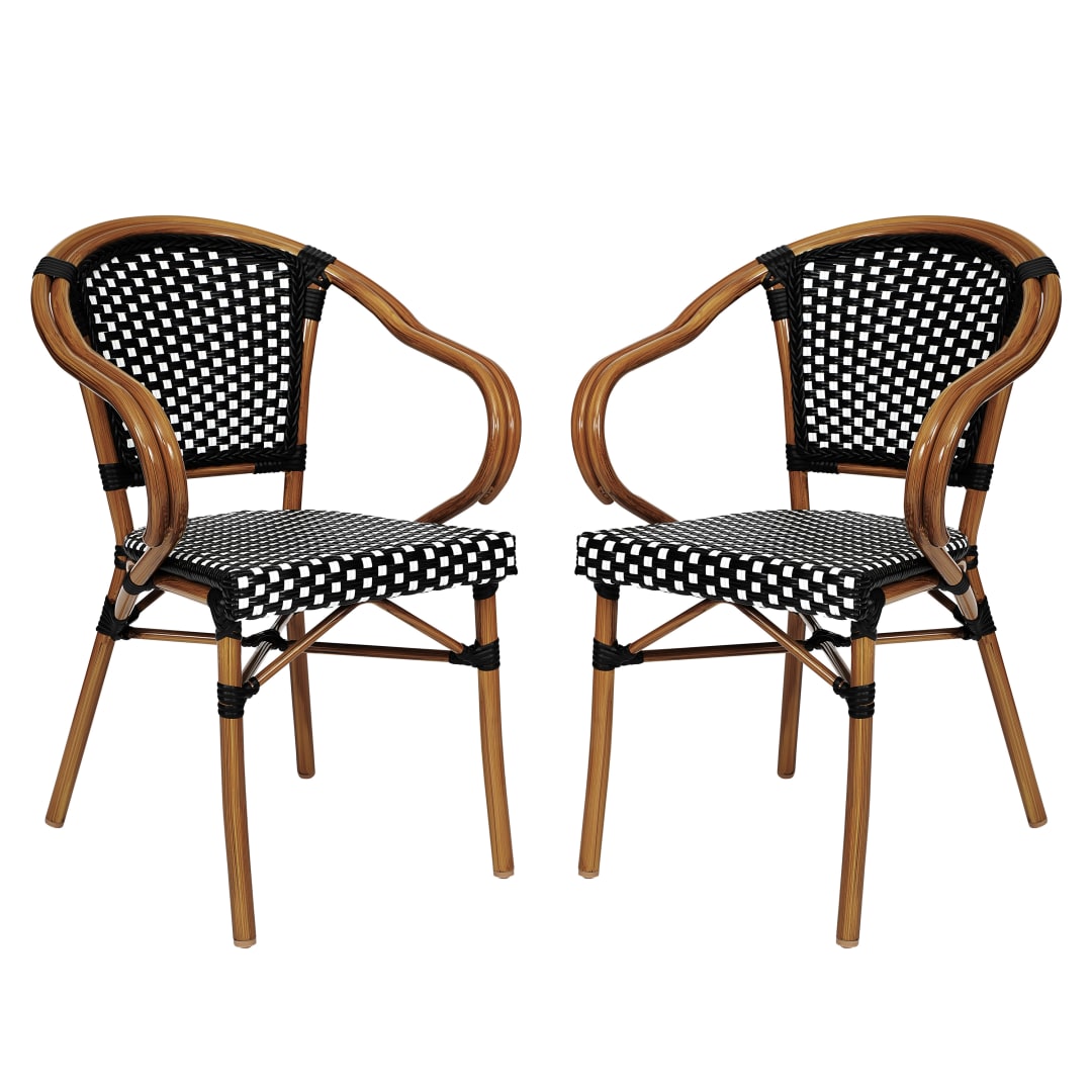 2 Pack Bordeaux Indoor/Outdoor Commercial Bistro Stacking Chair with Arms, Black and White PE Rattan and Bamboo Print Aluminum Frame in Natural