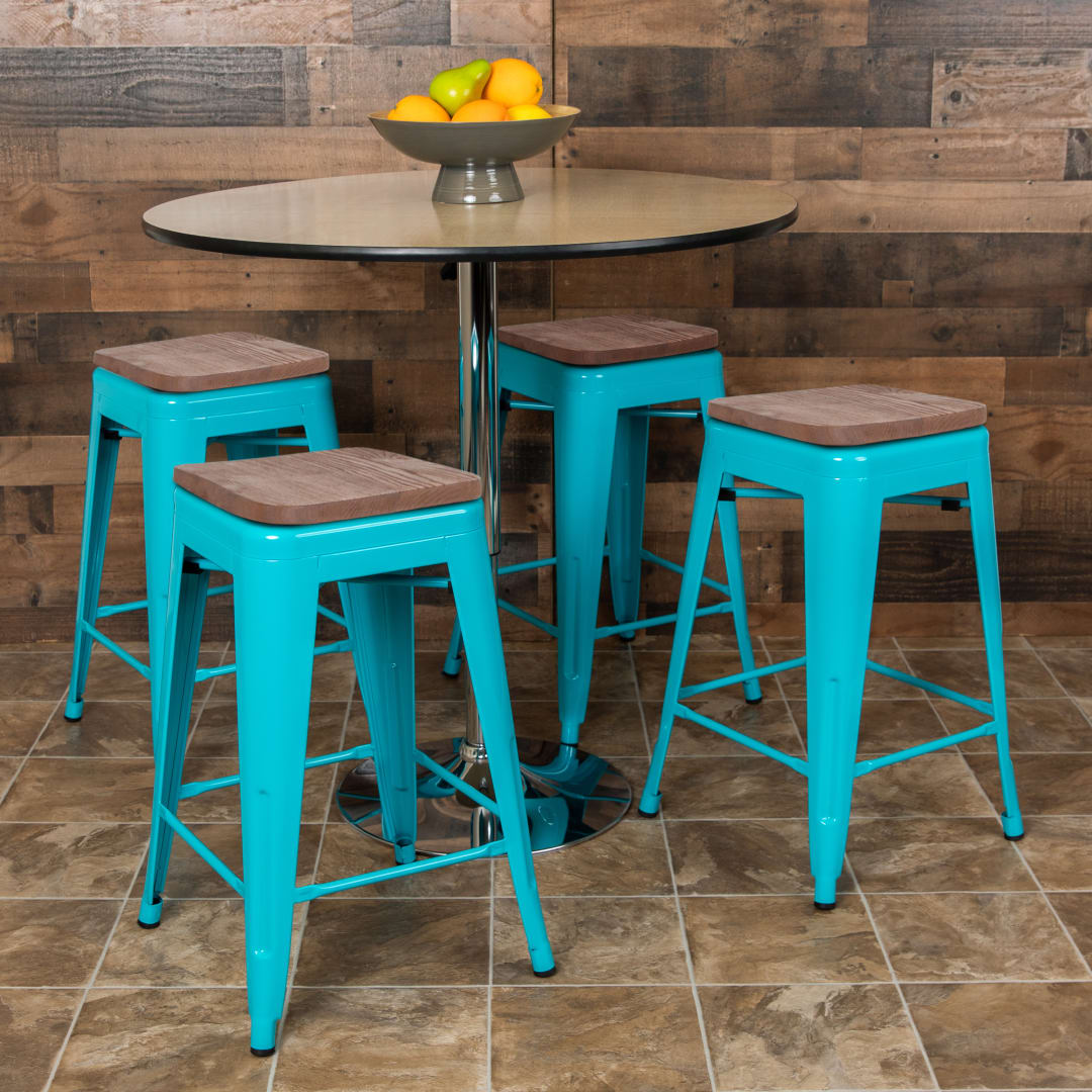 Cierra 24" High Metal Counter-Height, Indoor Bar Stool with Wood Seat in Teal - Stackable Set of 4