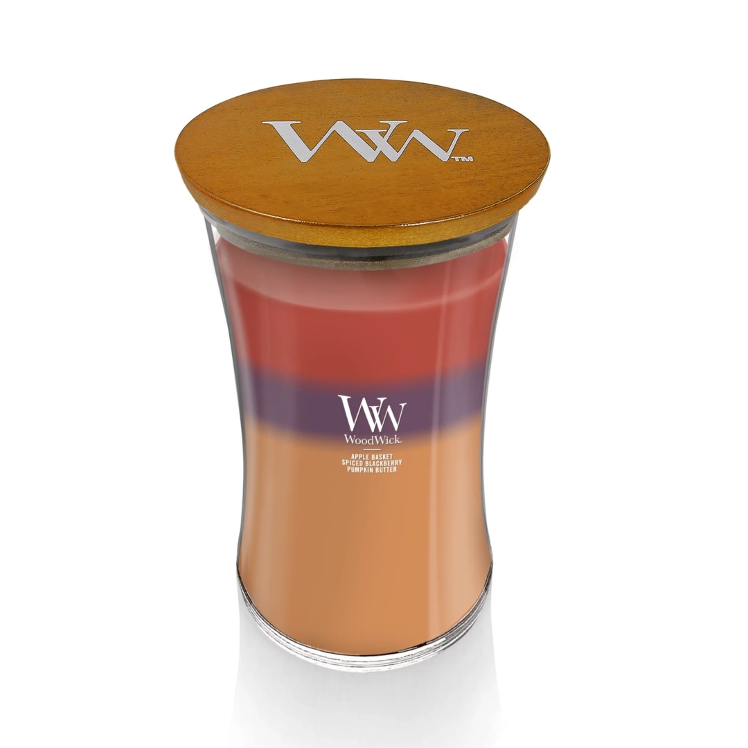 WoodWick® Autumn Harvest Scented Large Hourglass Candle, Crackles as it burns, Up to 180 hrs burn time, Perfect for gifting or home décor, 21oz
