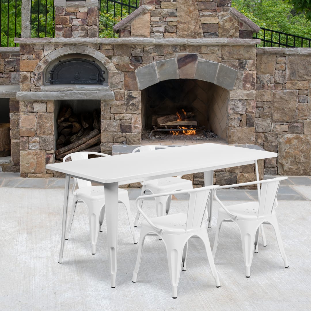 Fisher Commercial Grade 31.5" x 63" Rectangular White Metal Indoor-Outdoor Table Set with 4 Arm Chairs