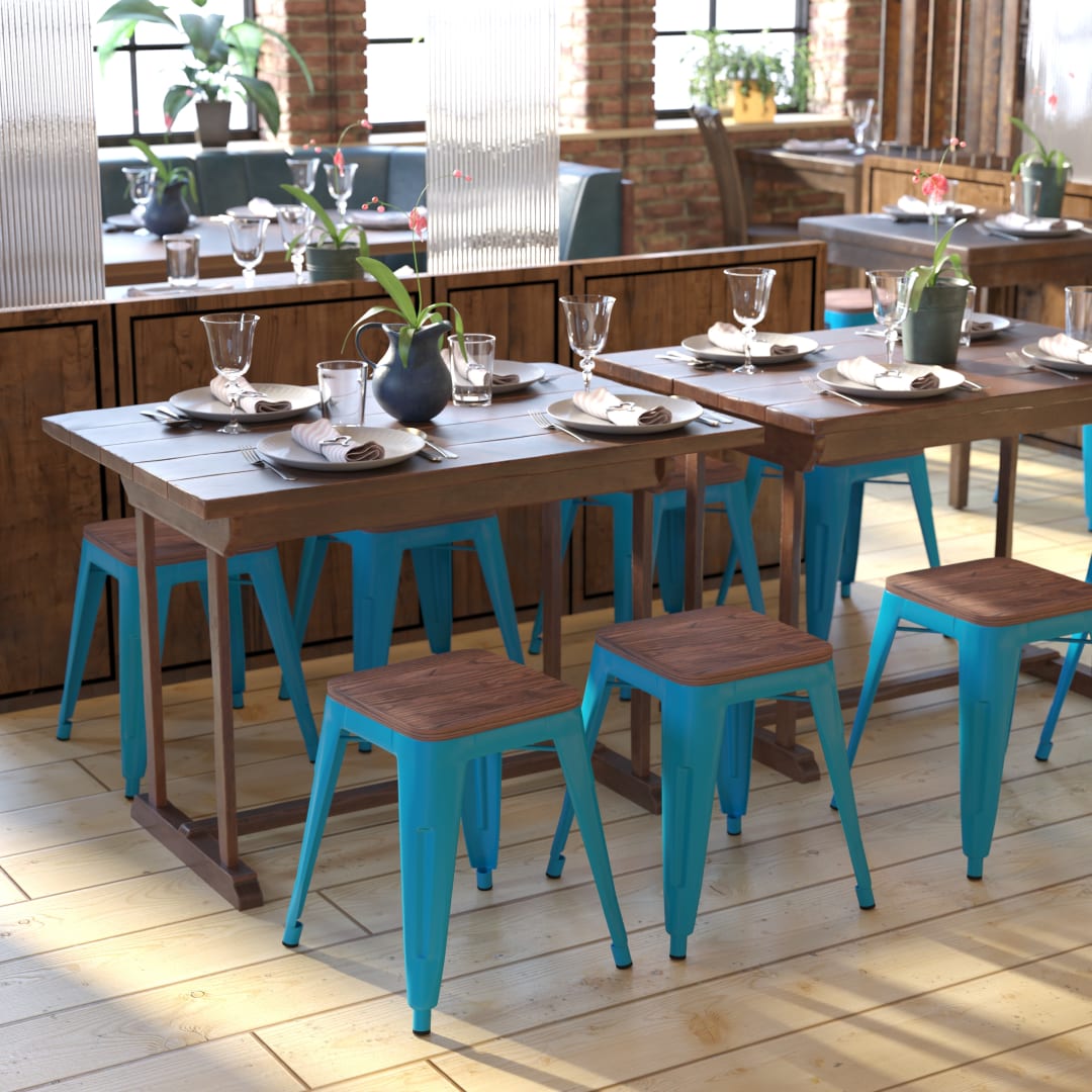 Kai 18" Backless Table Height Stool with Wooden Seat, Stackable Teal Metal Indoor Dining Stool, Commercial Grade - Set of 4