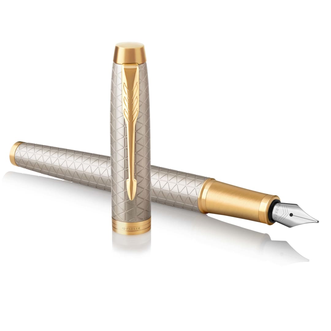 Parker IM Fountain Pen | Premium Warm Silver | Fine Nib with Blue Ink Refill | Gift Box