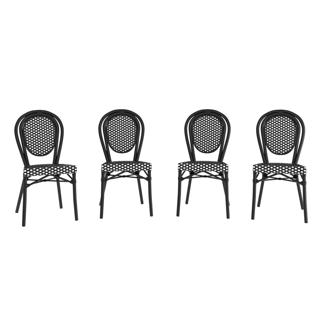 4 Pack Lourdes Indoor/Outdoor Commercial Thonet Bistro Stacking Chair, Black and White PE Rattan and Black Aluminum Frame