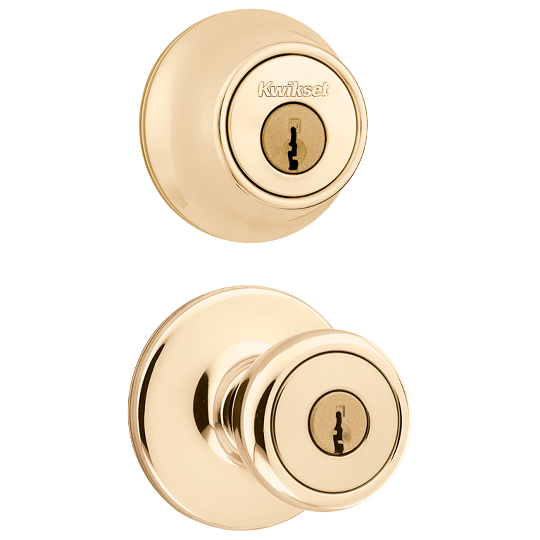 690 Tylo Keyed Doorknob with Deadbolt Combo Pack in Polished Brass featuring SmartKey Security
