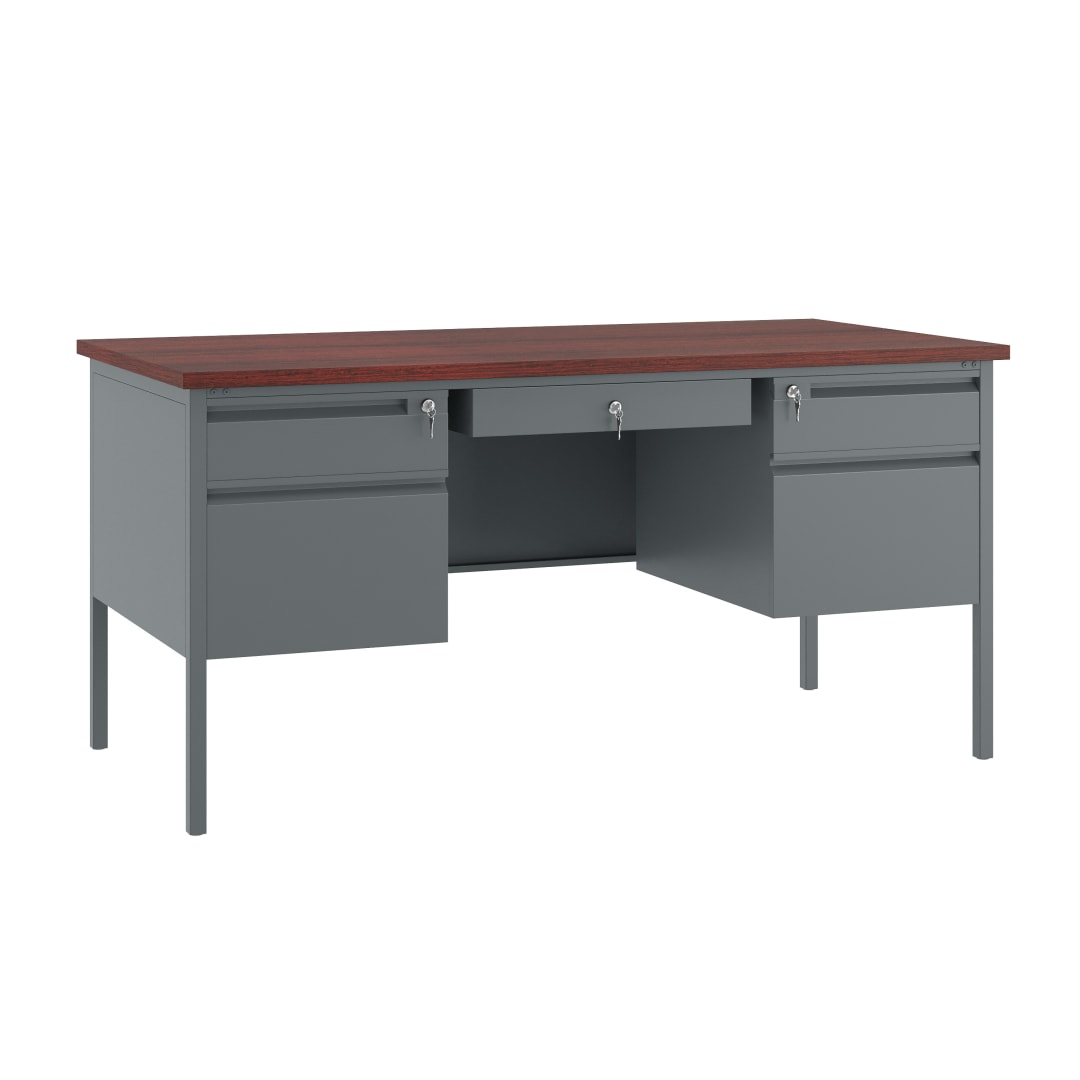 Cambridge Commercial Grade 30x60 Double Pedestal Desk with 5 Locking Drawers, Mahogany Top and Charcoal Gray Frame