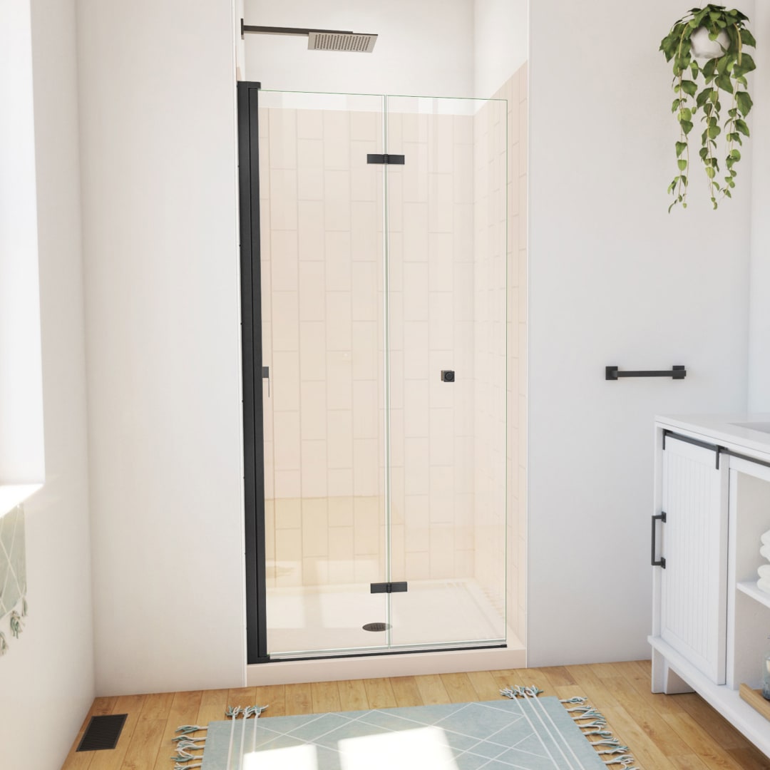 DreamLine Aqua-Q Fold 36 inch D x 36 inch W x 78 3/4 inch H Frameless Bi-fold Shower Door in Matte Black, Shower Base, and Wall Kit in Biscuit