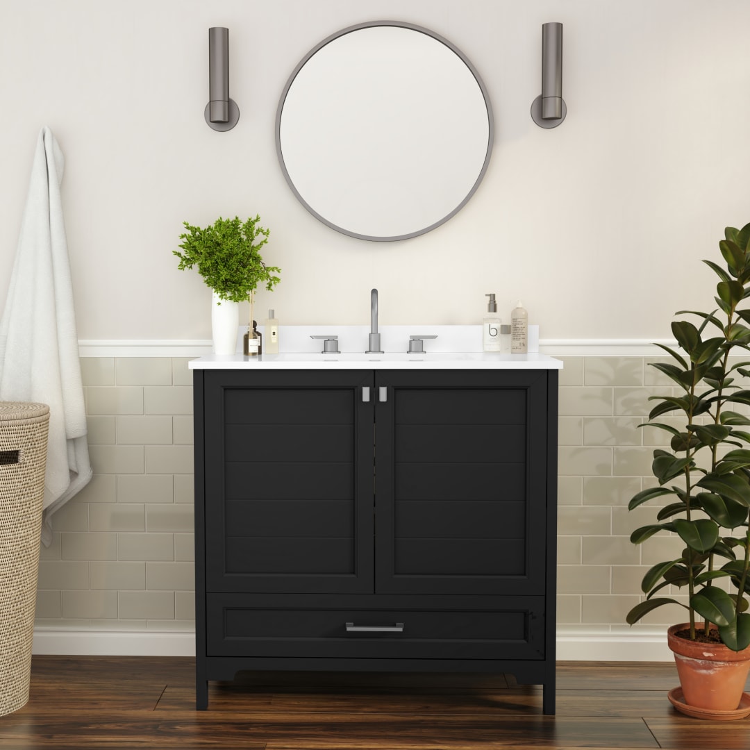 Haven 36 Inch Bathroom Vanity with Sink, Storage Cabinet with Soft Close Doors and Bottom Drawer, Carrara Marble Finish Countertop, Black