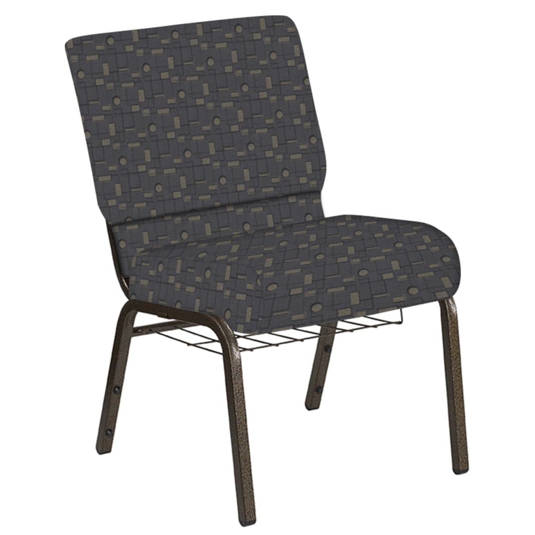 21''W Church Chair in Circuit Gray Fabric with Book Rack - Gold Vein Frame