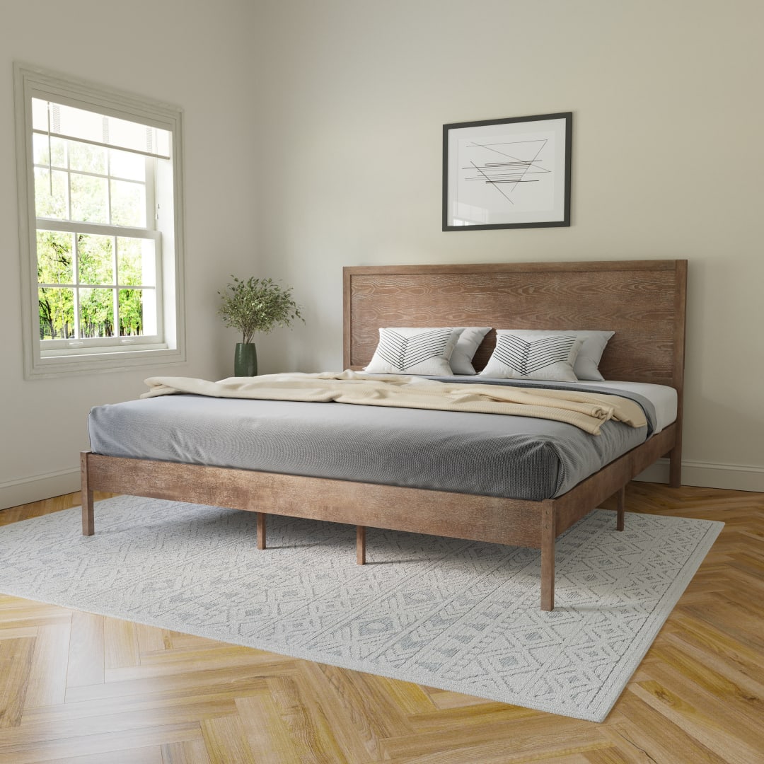 Asher King Size Solid Wood Platform Bed with Wooden Slats and Headboard, No Box Spring Needed, Light Brown
