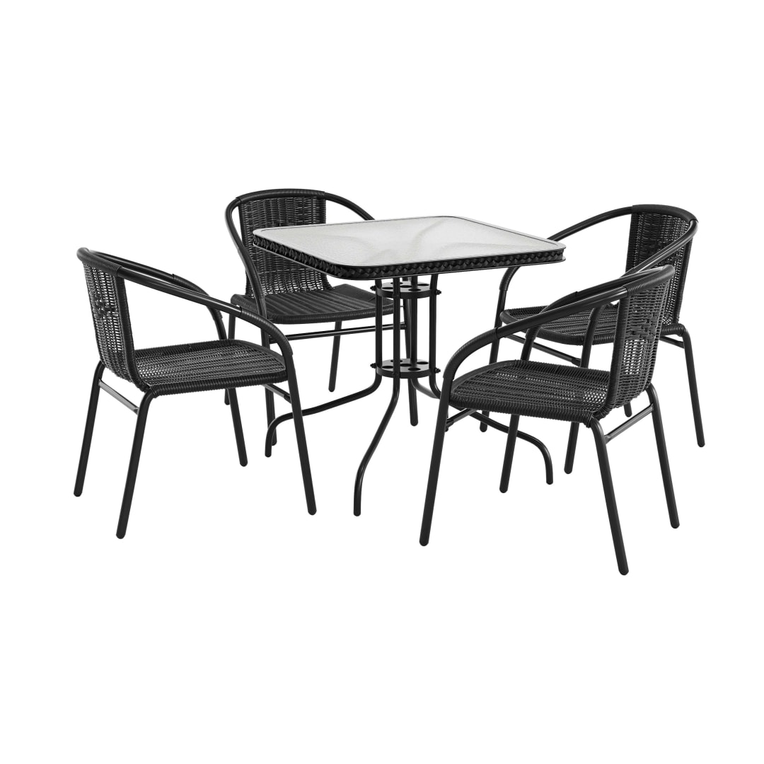 Lila 28'' Square Glass Metal Table with Black Rattan Edging and 4 Black Rattan Stack Chairs