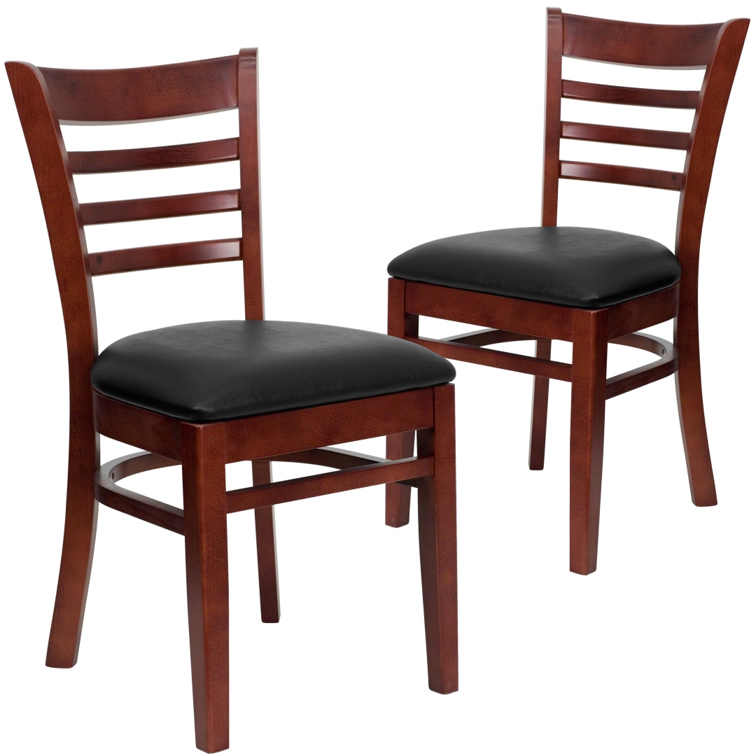 2 Pack HERCULES Series Ladder Back Mahogany Wood Restaurant Chair - Black Vinyl Seat