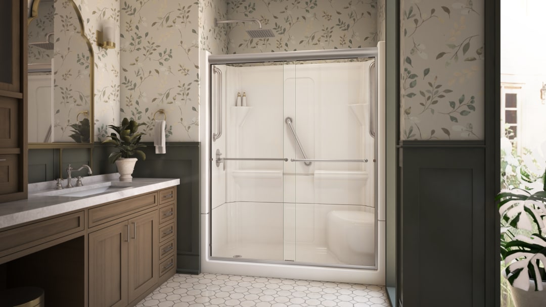 DreamLine Accessible Living Harmony Shower Kit, LH Drain, with Door and Grab Bars, Brushed Nickel