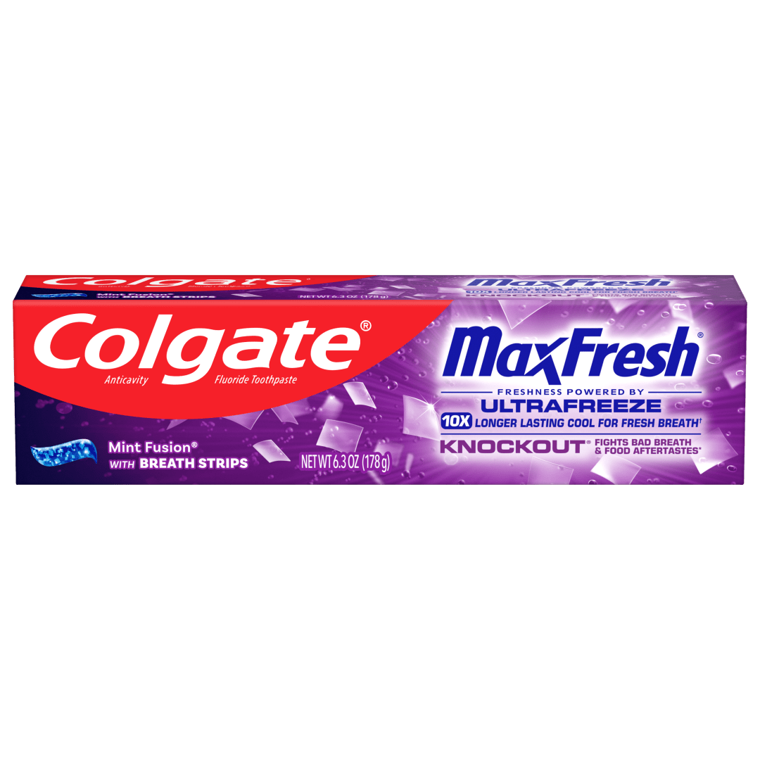 Colgate Max Fresh Knockout with Whitening Toothpaste with Mini Breath Strips, Mint Toothpaste for Bad Breath, 6.3 Oz Tube