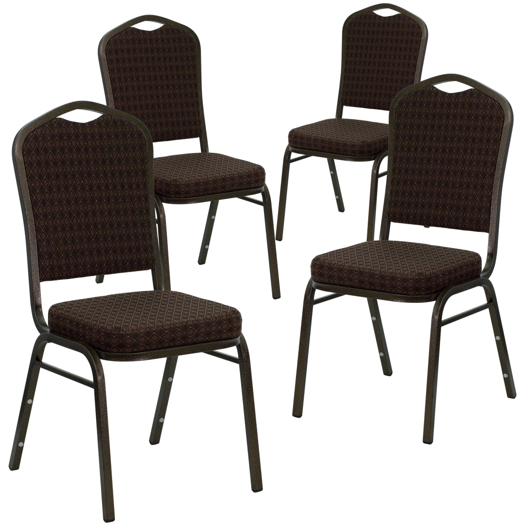4 Pack HERCULES Series Crown Back Stacking Banquet Chair in Brown Patterned Fabric - Gold Vein Frame