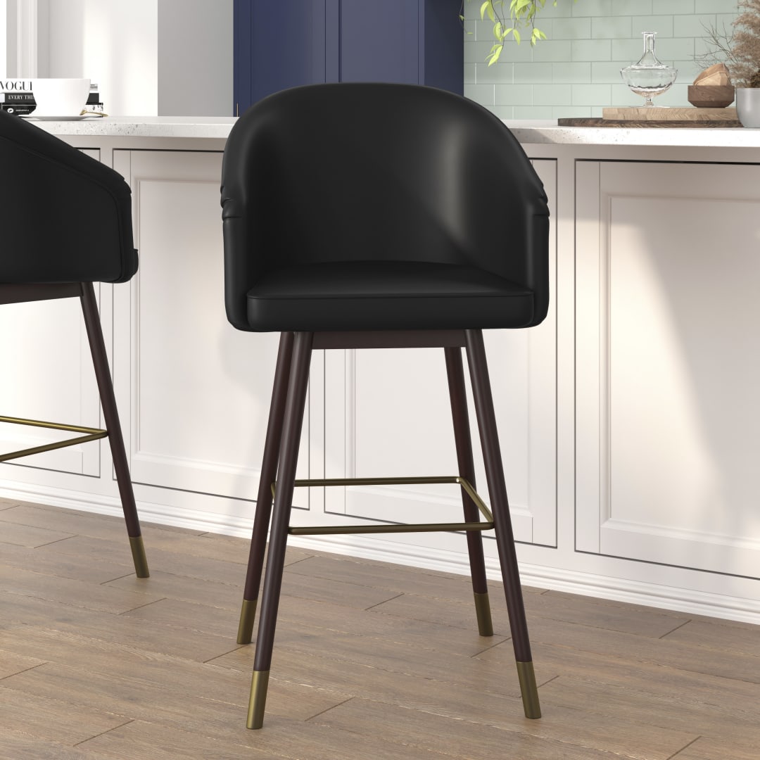 Margo 30" Commercial Grade Mid-Back Modern Barstool with Walnut Finish Beechwood Legs and Curved Back, Black LeatherSoft/Bronze Accents-Set of 2