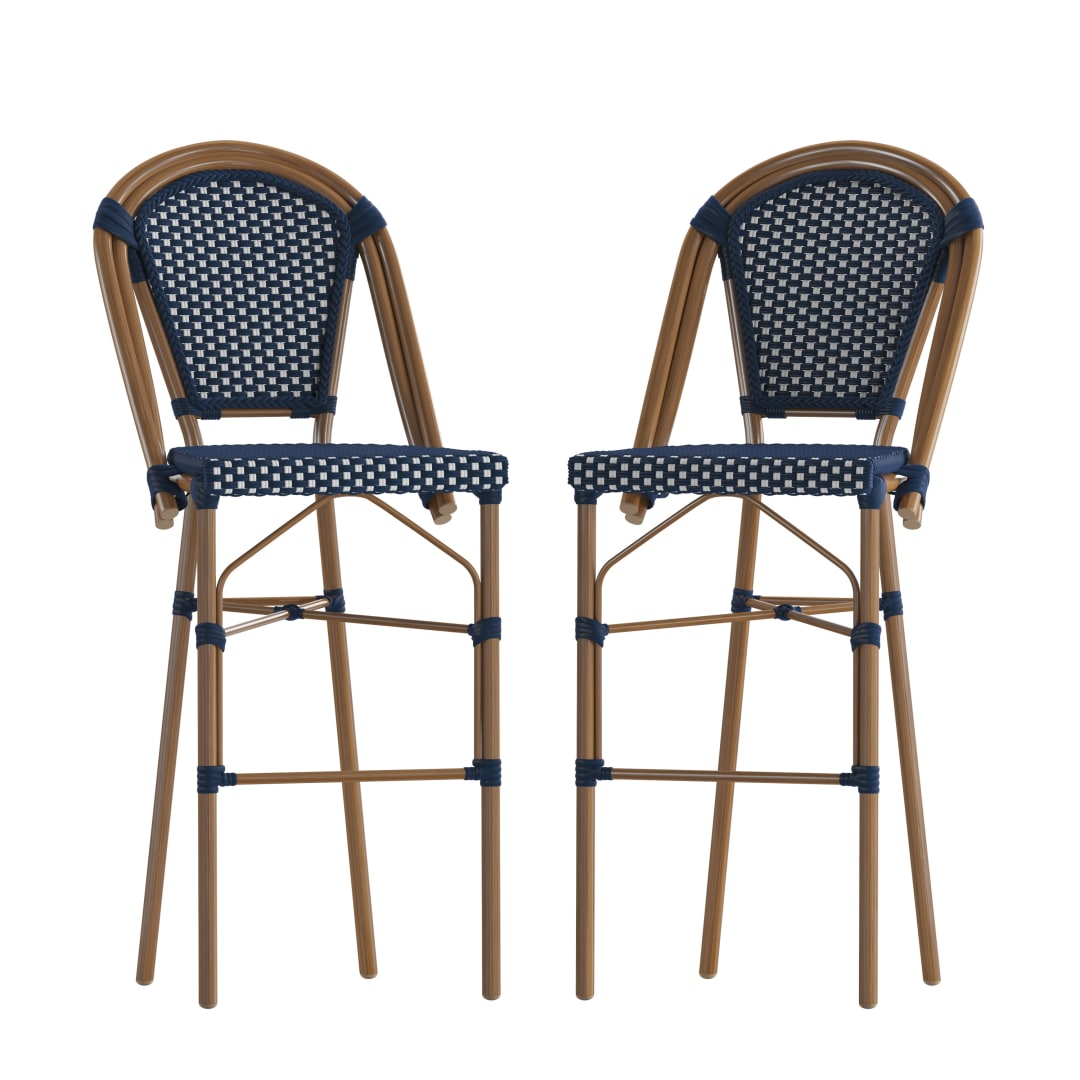 Bordeaux Set of 2 Stackable Indoor/Outdoor Bistro 30" High Barstools, Commercial Grade, Navy/White and Bamboo Finish