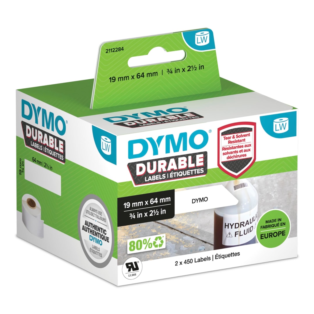 DYMO® Authentic LabelWriter™ Durable Industrial Labels | 19mm x 64mm | White Poly | 2 Rolls of 450 (900 Self-Adhesive Labels) | For LabelWriter™ Label Makers