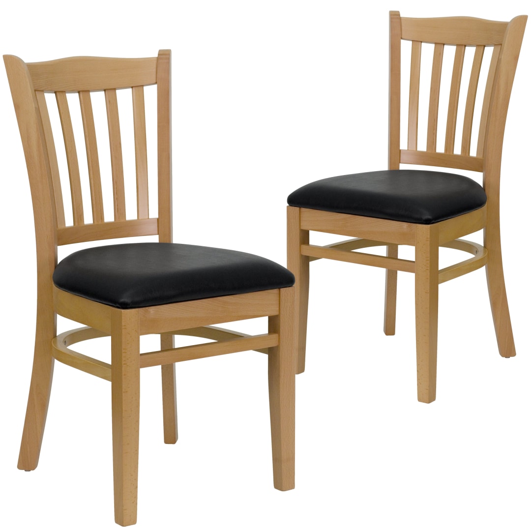 2 Pk. HERCULES Series Vertical Slat Back Natural Wood Restaurant Chair - Black Vinyl Seat