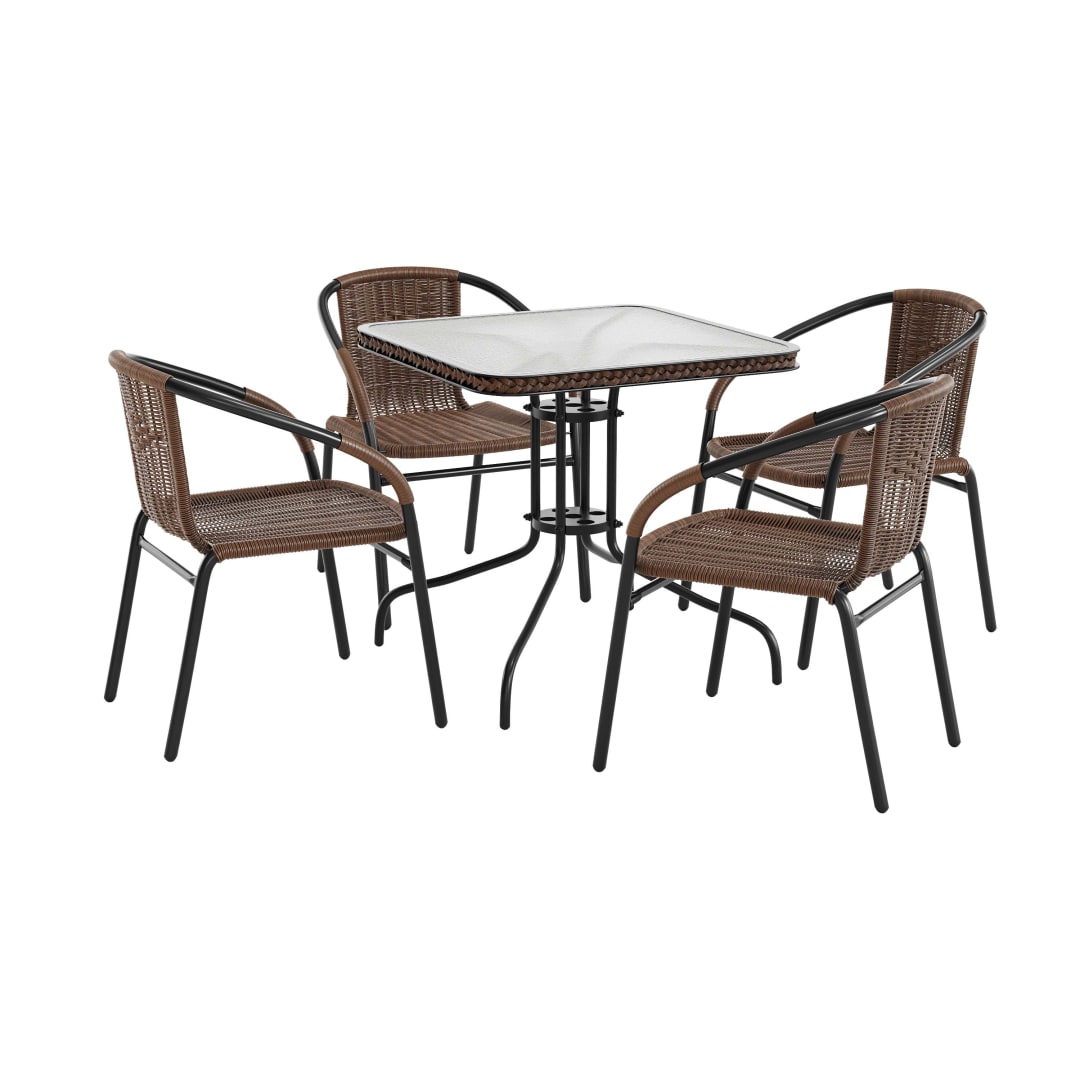 Lila 28'' Square Glass Metal Table with Dark Brown Rattan Edging and 4 Dark Brown Rattan Stack Chairs
