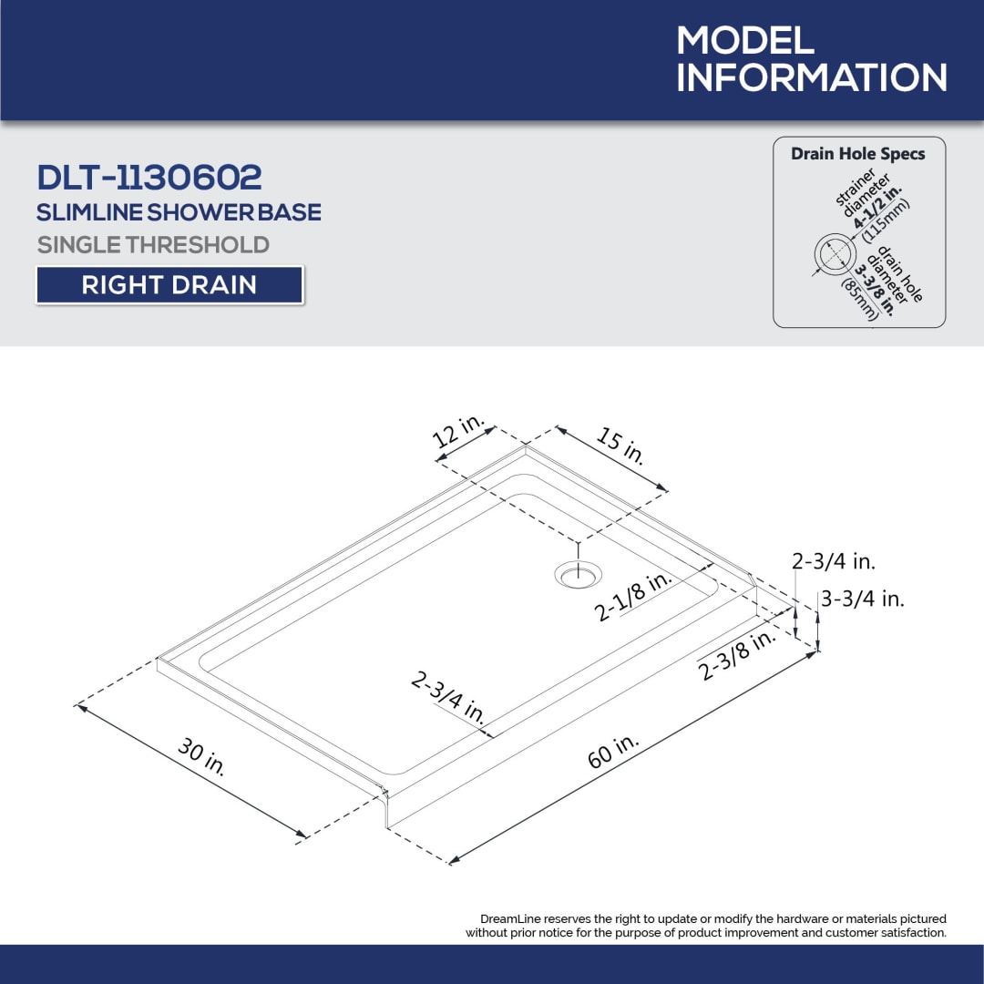 DreamLine SlimLine 30 inch D x 60 inch W x 2 3/4 inch H Right Drain ...