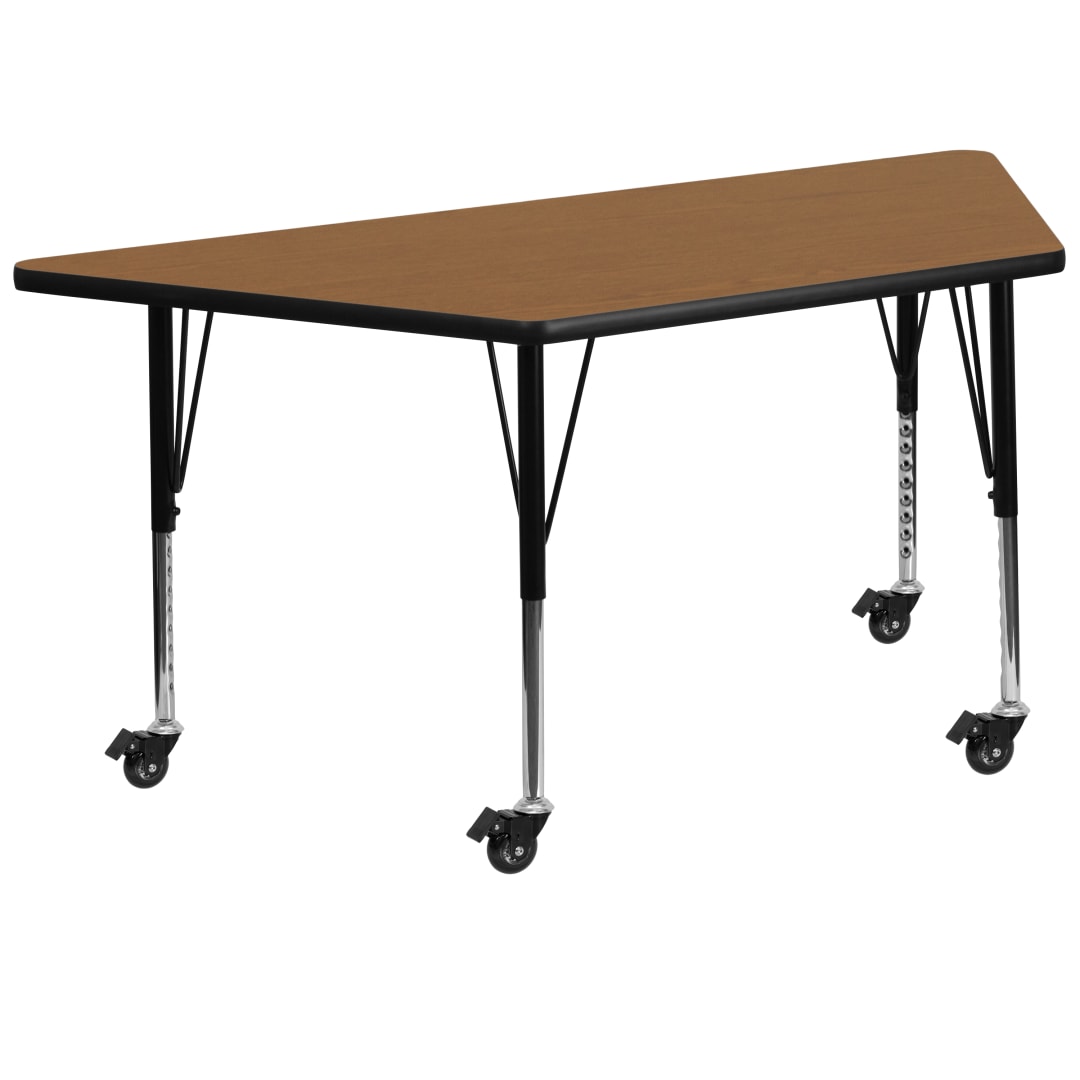 Wren Mobile 29''W x 57''L Trapezoid Oak Thermal Laminate Activity Table - Height Adjustable Short Legs