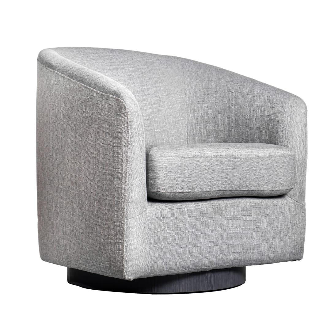Landon Club Style Commercial Barrel Accent Armchair with 360 Degree Swivel Metal Base and Sloped Armrests in Light Gray Fabric Upholstery